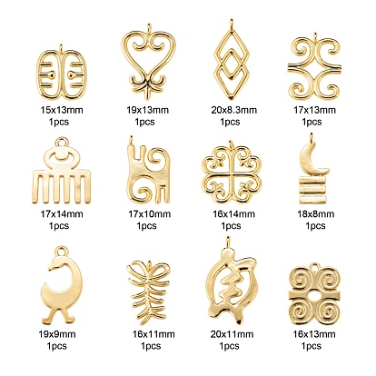 12 piezas 12 colgantes de latón estilo, larga duración plateado, símbolos adinkra