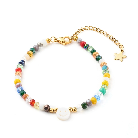 Electroplate Glass Beaded Bracelets, with Smiling Face Shell Beads