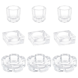 Superfindings 9pcs 3 plat en verre de style dappen/couvercle bol tasse plat en cristal, porte-liquide mini bol, conteneur d'accessoires de manucure nail art, fleur & carré & octogone