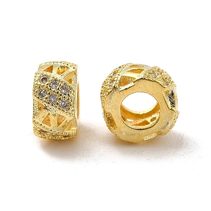 Rack Plating Brass Micro Pave Cubic Zirconia European Beads, Large Hole Beads, Long-Lasting Plated, Cadmium Free & Lead Free, Hollow Flat Round