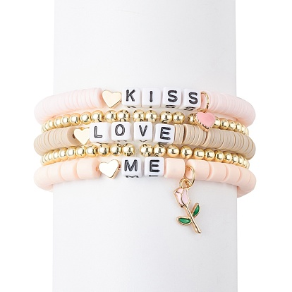 5Pcs 5 Style Word Kiss Love Me Acrylic Stretch Bracelets Set with Heart Rose Enamel Charms, Polymer Clay Heishi Surfer Preppy Beacelets with Synthetic Hematite Beaded for Valentine's Day