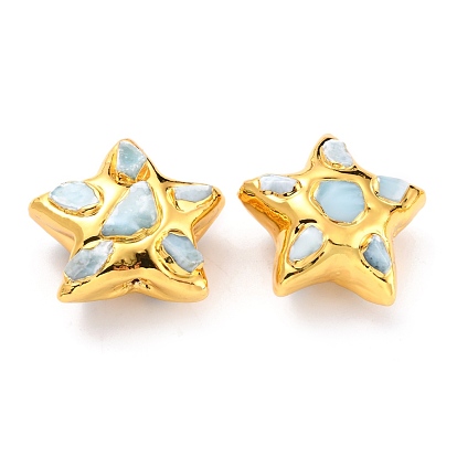Perles naturelles de larimar, avec apprêts en laiton doré et perle, étoiles