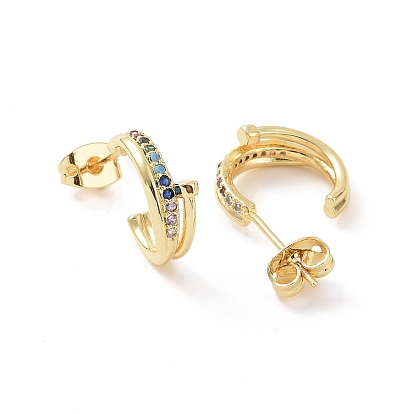 Colorful Cubic Zirconia C-shape Stud Earrings, Brass Jewelry for Women