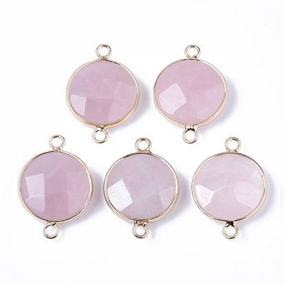 Natural Rose Quartz Links, with Light Gold Plated Edge Brass Loops, Flat Round, Faceted
