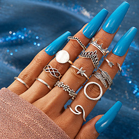 Bohemian Retro Ring Set with Floral, Starfish, Arrow and Leaf Crown Design - 13 Pieces