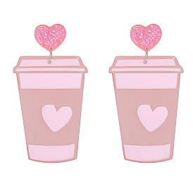 Sweet Pink Acrylic Milk Tea Cup Earrings for Girls, Long Dangle Ear Jewelry