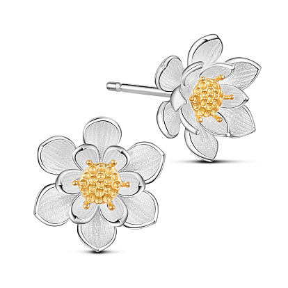 Shegrace adorables clous d'oreilles en argent sterling 925, fleur de lotus avec bourgeon doré, 10mm, pin: 0.8 mm