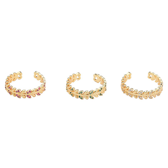 Кубический цирконий оливковый лист обертывание открытое кольцо-манжета, настоящие позолоченные украшения из латуни для женщин, без никеля 