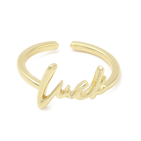 Rack Plating Brass Open Cuff Ring, Long-Lasting Plated, Cadmium Free & Lead Free, Word Luck