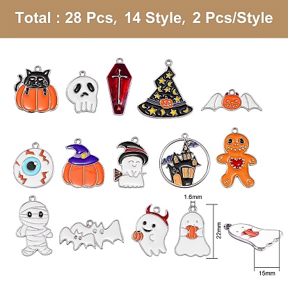28Pcs 14 Styles Halloween Theme Alloy Enamel Pendants, Mixed Shapes, Mixed Color