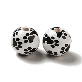 Patte de chien imprimée perles européennes rondes en bois, Perles avec un grand trou   