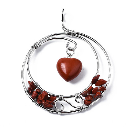 Natural Gemstone Big Pendants, Wire Wrapped Pendants, with Plamtinum Brass Wires, Rack Plating, Flat Round with Heart