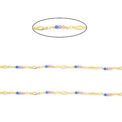 Brass Rhombus Handmade Beaded Chains, with Cat Eye Beads, with Spool, Unwelded