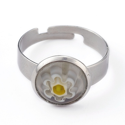 Adjustable Handmade Millefiori Glass Finger Rings, with 304 Stainless Steel Findings, Flower