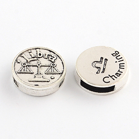Plaqué argent antique rondes plat style tibétain breloques à glisser en alliage, avec constellation / signe du zodiaque, sans cadmium et sans plomb, 17~18x5mm, trou: 11x3 mm, environ 282 pcs / 1000 g