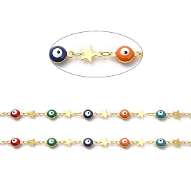 Colorful Evil Eyes & Brass Star Link Chains, Soldered, with Spool