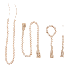 Pine Wood Bead Garlands, with Hemp Rope Tassels, Wooden Bead String Wall Hanging, for Home Decoation