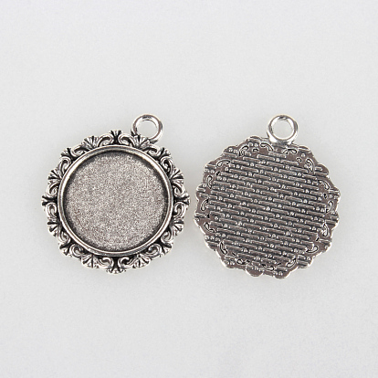 Tibetan Style Alloy Pendant Cabochon Settings, Cadmium Free & Lead Free, Flat Round, Tray: 18mm, 30x25x2mm, Hole: 3mm, about 290pcs/kg