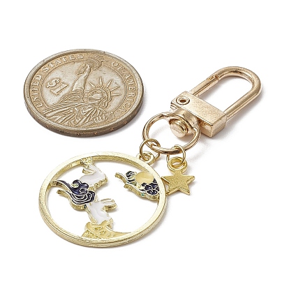 Chinese Style Alloy Enamel Pendant Decoratios, with Swivel Clasps and Star Charm, Flat Round with Rabbit