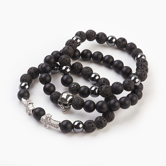 Natural Gemstone Stretch Bracelets Sets, with Non-Magnetic Synthetic Hematite Beads, Brass Cubic Zirconia Beads and 304 Stainless Steel Skull Beads, with Burlap Paking Pouches Drawstring Bags