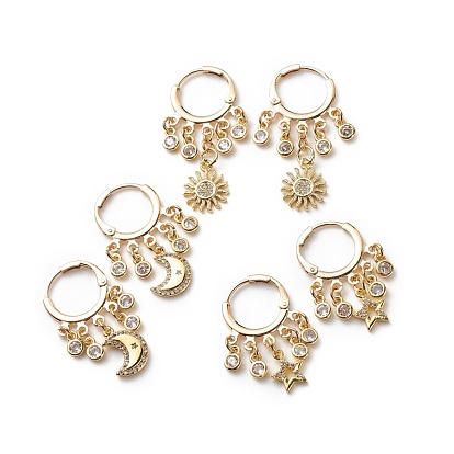 3 Pairs 3 Style Star & Moon & Sun Clear Cubic Zirconia Dangle Leverback Earrings, Brass Jewelry for Women