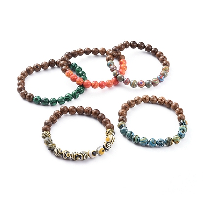 Унисекс эластичные браслеты, с синтетическими малахитовыми бусинами и деревянными бусинами, круглые