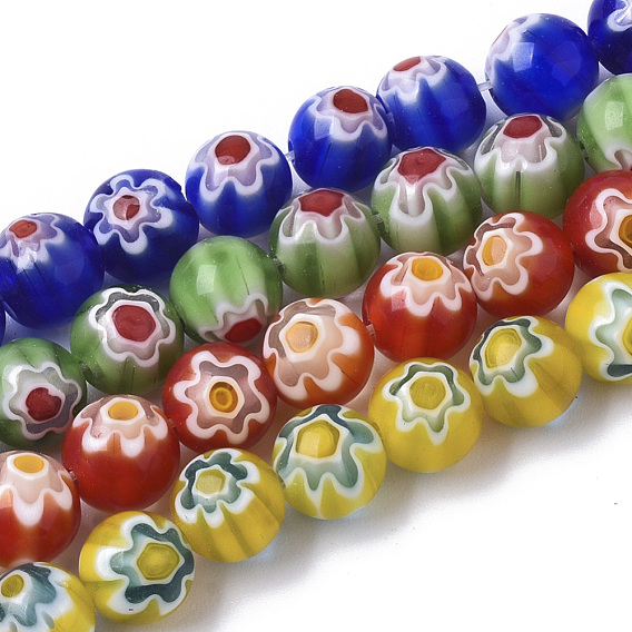 Handmade millefiori lampwork beads strands, круглые