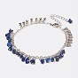 Natural Gemstone Chip Beaded Charm Anklets, with 304 Stainless Steel Stamping Blank Tag Pendants and Brass Findings, Heart, Platinum