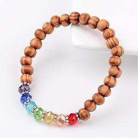 Wood Round Bead Kids Bracelets Stretch Bracelets, with Glass Beads and Alloy Findings, 44mm