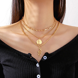 Coin Snake Pendant Chunky Triple Layered Necklace with Creative Design and High-end Feel