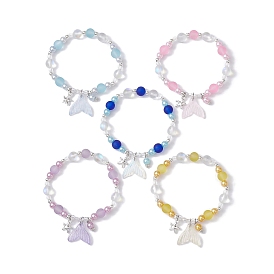 Glass & ABS Plastic Imitation Pearl Beaded Stretch Bracelet, with Starfish & Fishtail Charms