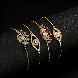 Bijoux à la mode en cuivre micro-incrusté avec bracelet à œil géométrique en zircon de couleur mixte pour femmes