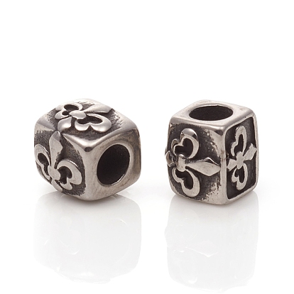 304 Stainless Steel European Beads, Large Hole Beads, Cuboid with Fleur De Lis