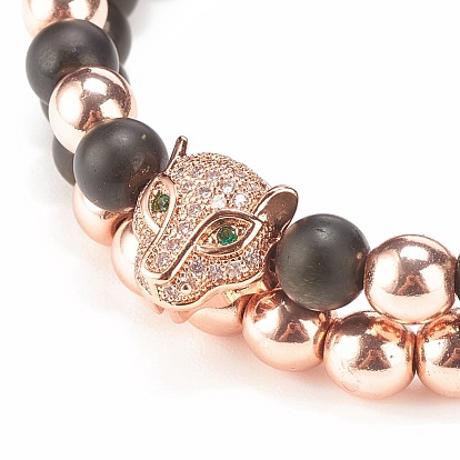 2 piezas 2 pulseras de cuentas trenzadas de hematita sintética y obsidiana natural con circonita cúbica leopardo, joyas de piedras preciosas para mujeres