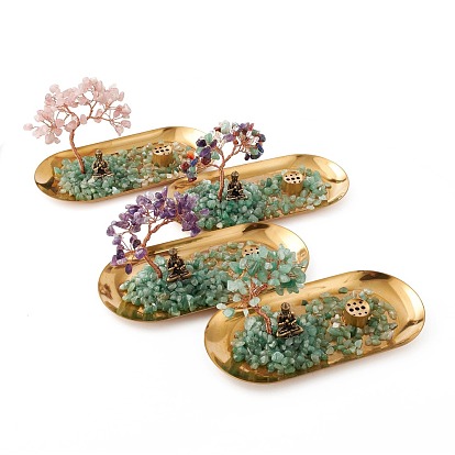 Chips de piedras preciosas naturales con soporte para quemador de incienso de latón, con hilos de latón chapado en oro rosa y buda, árbol afortunado