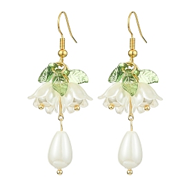 Boucles d'oreilles pendantes en perles naturelles et fleurs en acrylique, Boucles d'oreilles en alliage