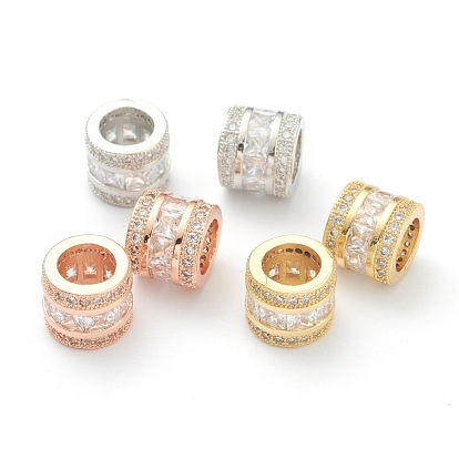 Brass Clear Cubic Zirconia European Style Beads, Large Hole Beads, Long-Lasting Plated, Tube