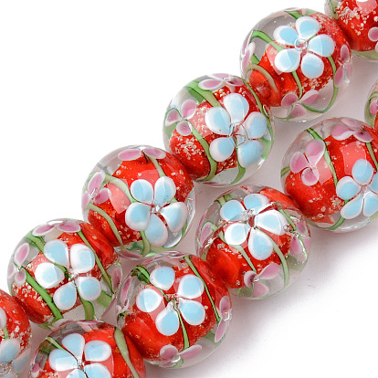 Handmade Lampwork Beads Strands, Inner Flower, Round