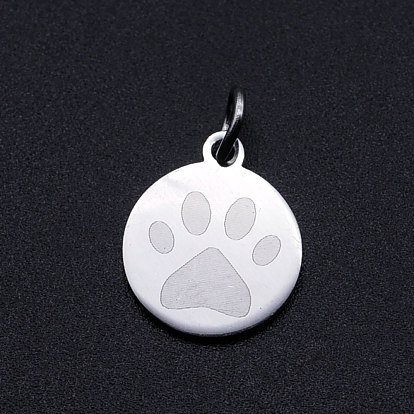 201 Stainless Steel Pet Charms, with Jump Rings, Flat Round with Dog Paw Prints