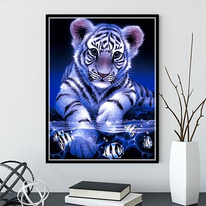 Kits de pintura de diamantes de tigre rectangular diy, incluyendo lienzo, diamantes de imitación de resina, bolígrafo adhesivo de diamante, plato de bandeja y arcilla de cola