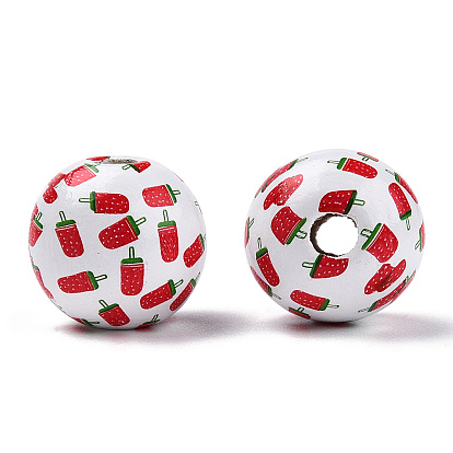 Printed Natural Wooden Fruit Beads, Round with Ice Cream Pattern