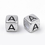 Plated Acrylic Beads, Horizontal Hole, Cube with Letter, Antique Silver