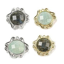Natural Gemstone Faceted Connector Charms, Rack Plating Brass Oval Links