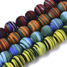 Handmade Frosted Lampwork Beads Strands, Stripe Beads, Round