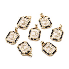 Brass Micro Pave Clear Cubic Zirconia Pendants, with Enamel, Octagon with Moon, Blue
