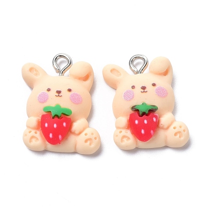 Resin Pendants, with Iron Loop, Rabbit with Strawberry