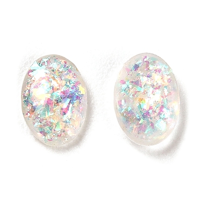 Cabochons en résine imitation opale, avec de la poudre de paillettes, dos plat ovale