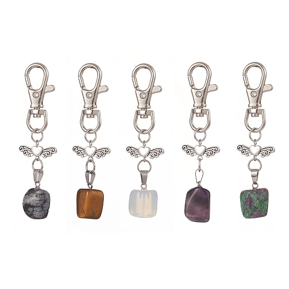 Natural & Synthetic Mixed Gemstone Pendants Decorations,  with Alloy Heart Wing & Swivel Lobster Claw Clasps