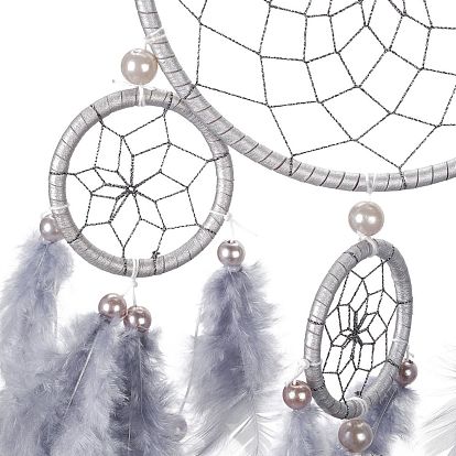 Iron Woven Web/Net with Feather Pendant Decorations, with Plastic Beads, Covered with Leather Cord, Flat Round