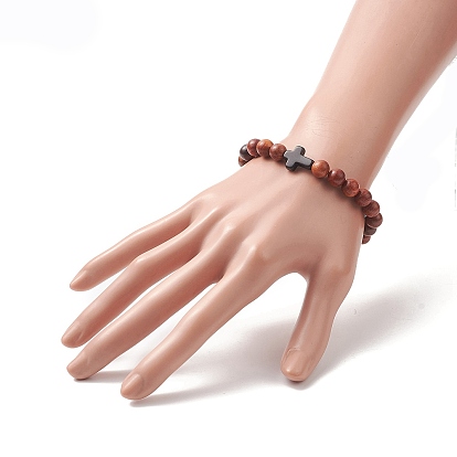 Natural Rosewood & Synthetic Turquoise Beaded Stretch Bracelet for Men Women, Cross Bracelet